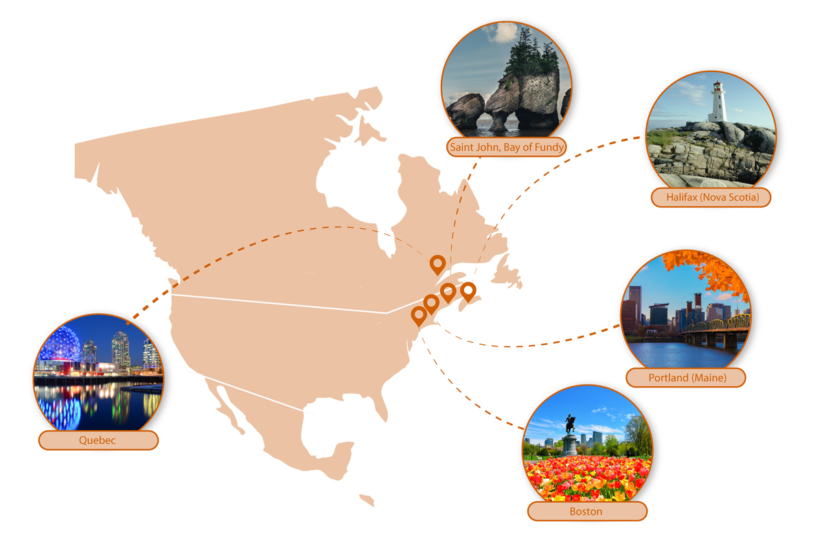 a map showing canada and new england cruise ports you will visit on a luxury canada cruise