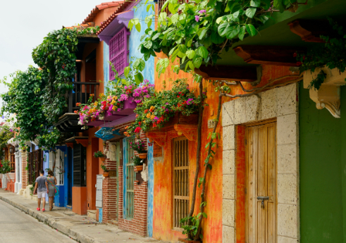 Colourful colonial street in Cartagena, a cultural stop on a South American cruise