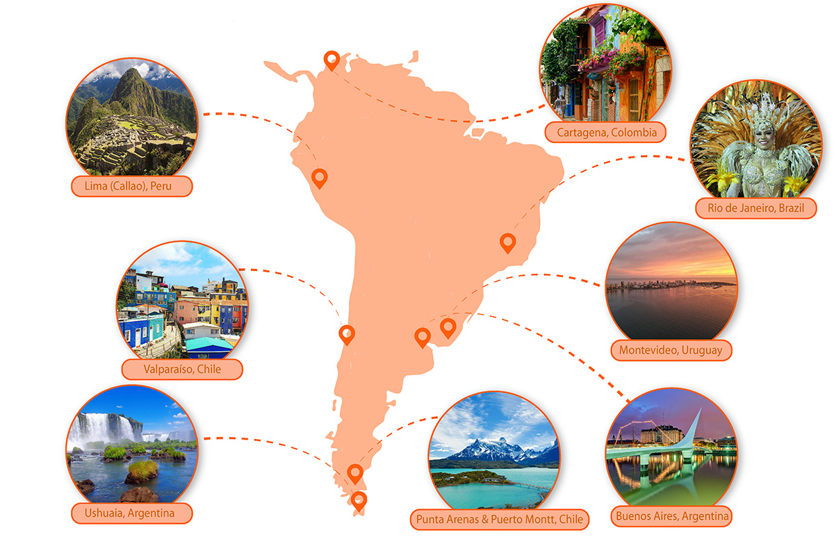  map of cruise ports in south america